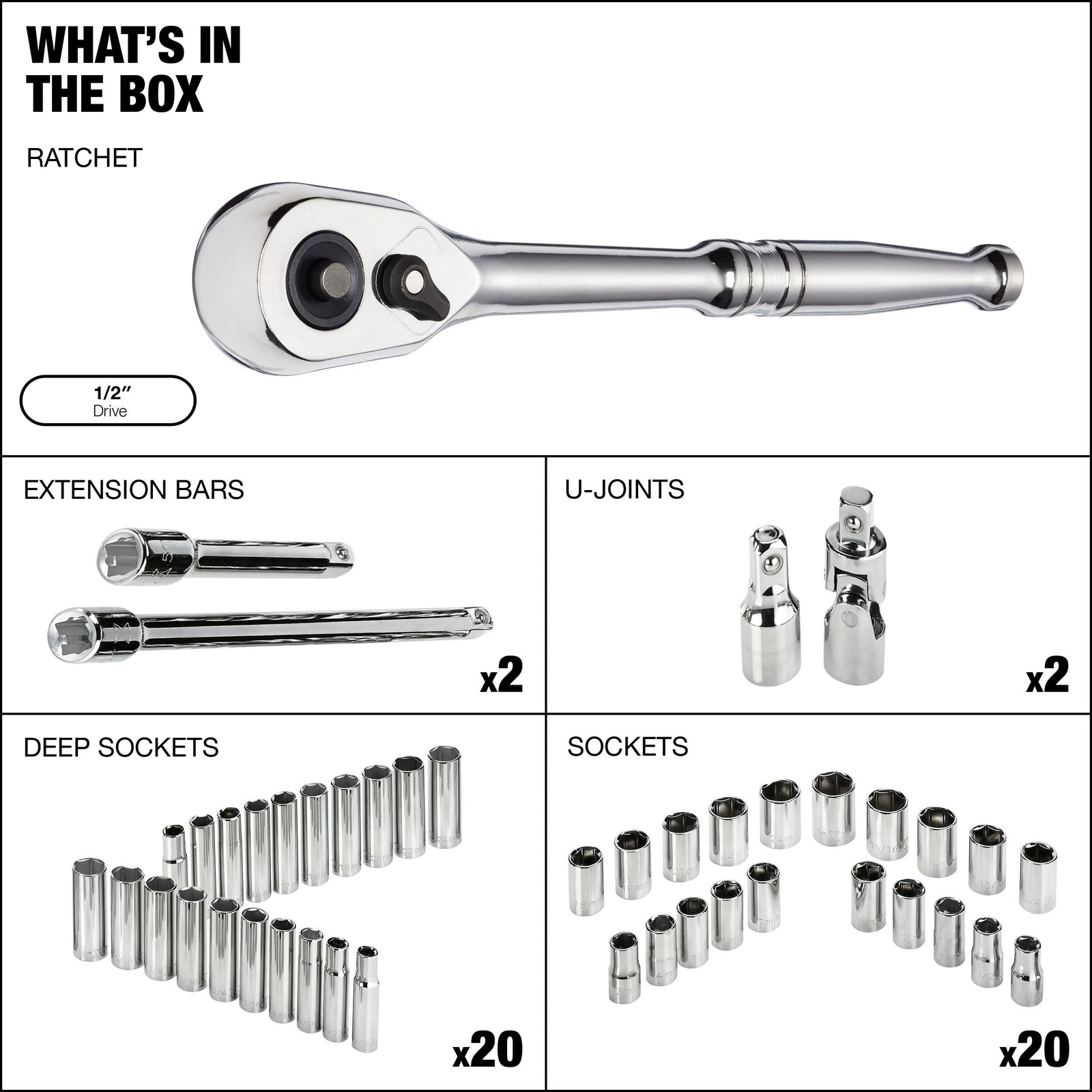 1/2-in Drive Professional Grade Socket Set, 45-pc, SAE/Metric, CRV, Nickel-Chrome Plating Q9W6 - product image 2