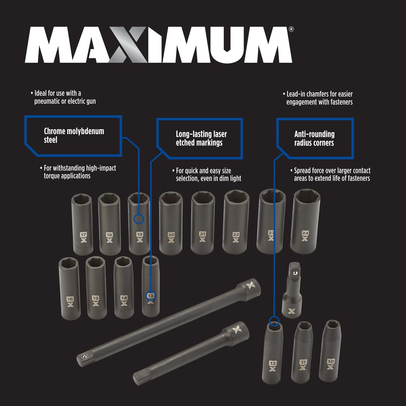 1/2-in Drive Professional Grade Impact Sockets Set, 18-pc, Metric O6A2 - product image 8