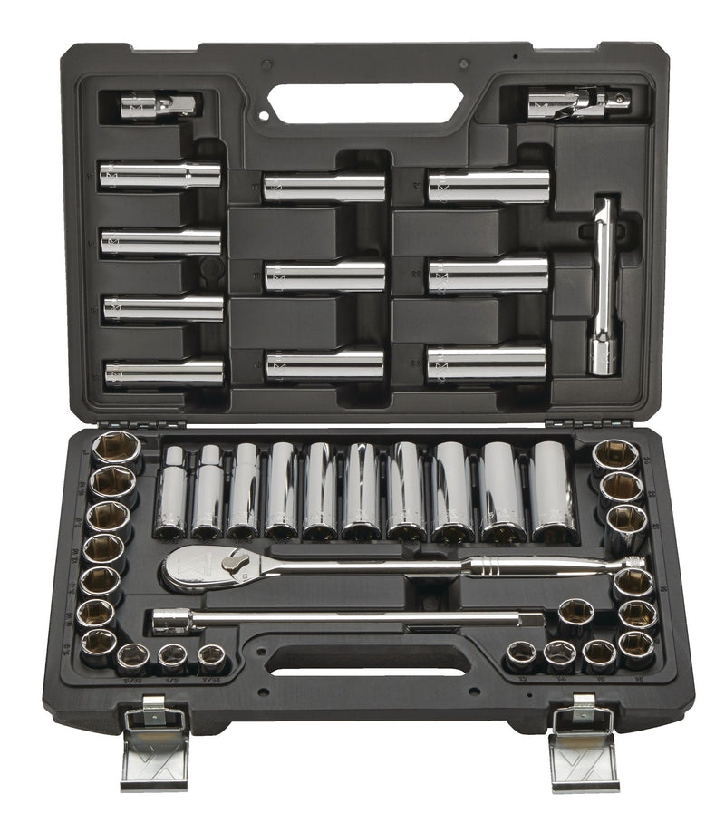 1/2-in Drive Professional Grade Socket Set, 45-pc, SAE/Metric, CRV, Nickel-Chrome Plating Q9W6