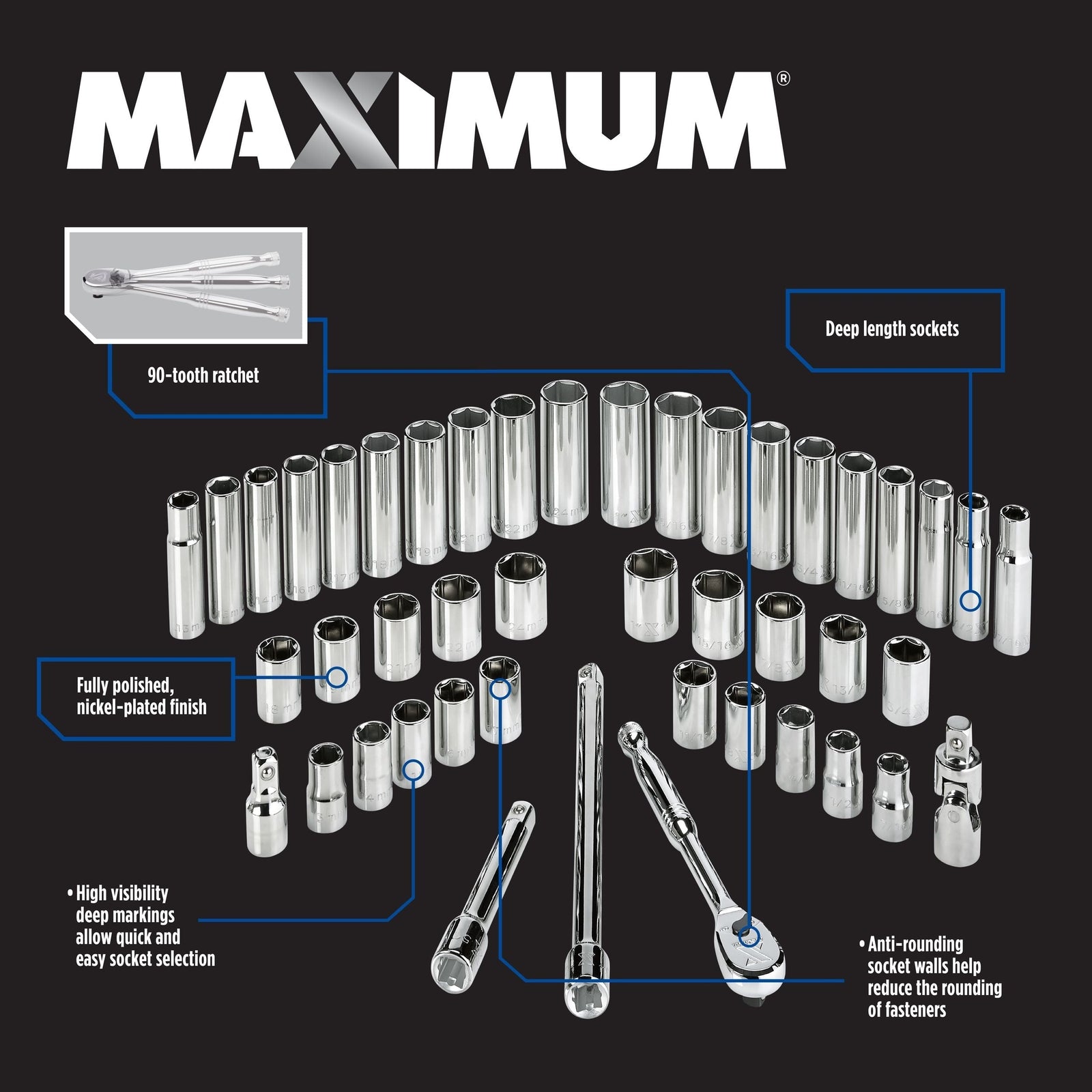 1/2-in Drive Professional Grade Socket Set, 45-pc, SAE/Metric, CRV, Nickel-Chrome Plating Q9W6 - product image 3