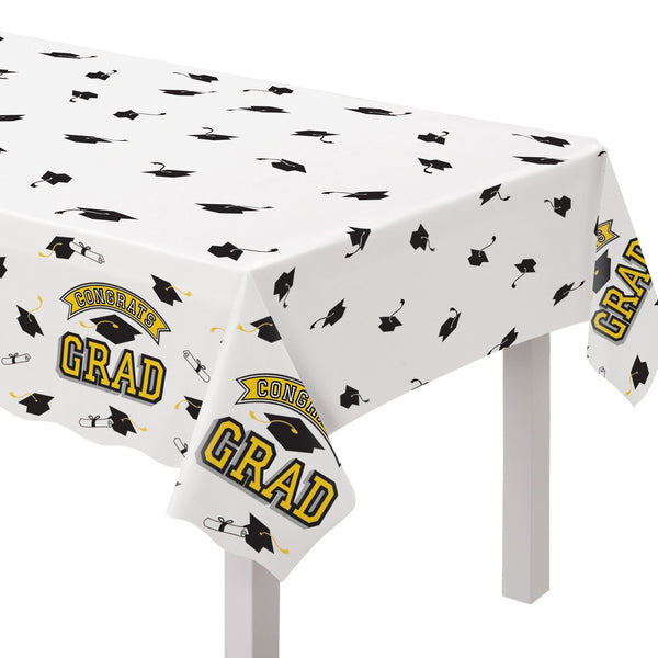 "Congrats Grad" Rectangle Plastic Reusable Table Cover, Yellow, 54x84-in, for Graduation C7L0